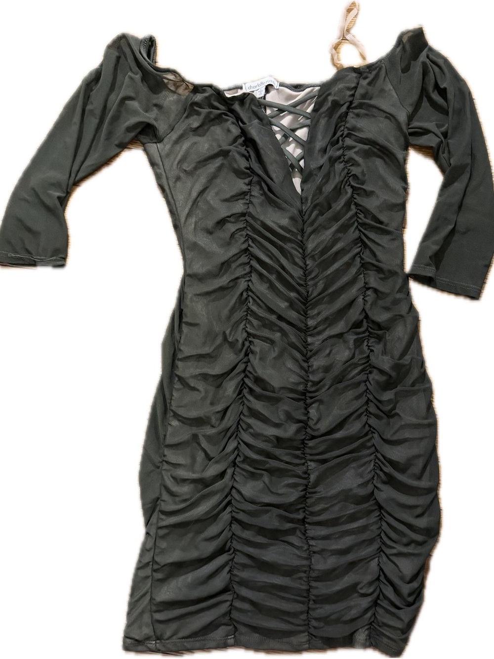 Charlotte Russe Black Ruched V-Neck Dress with Crisscross Back